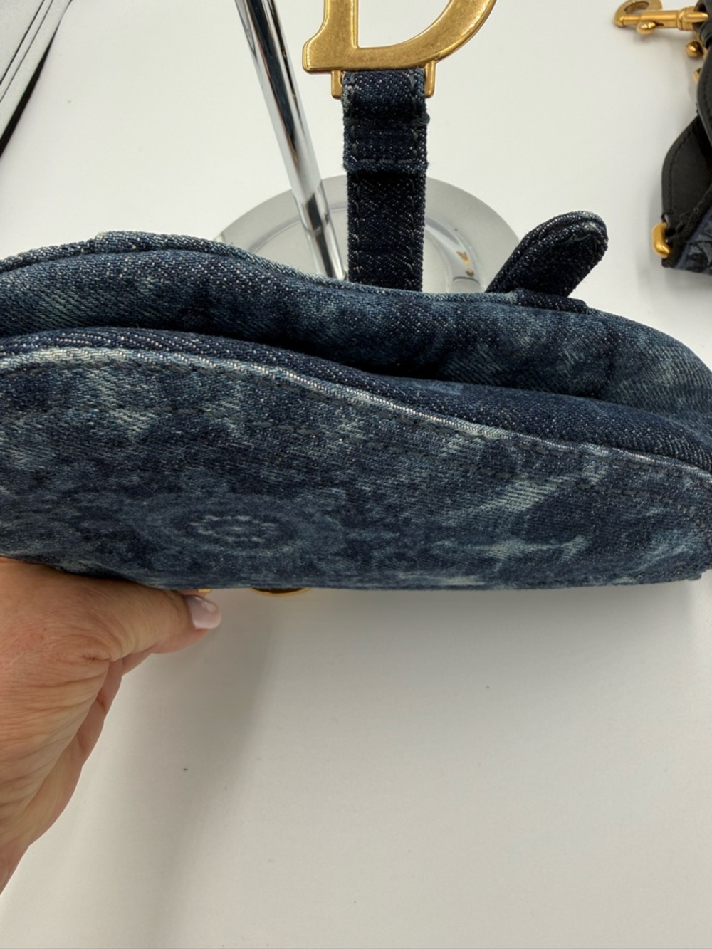 Dior Navy Denim Tie Dyed Saddle Mini Bag with Gold D Charm and Strap - Picture 10 of 16